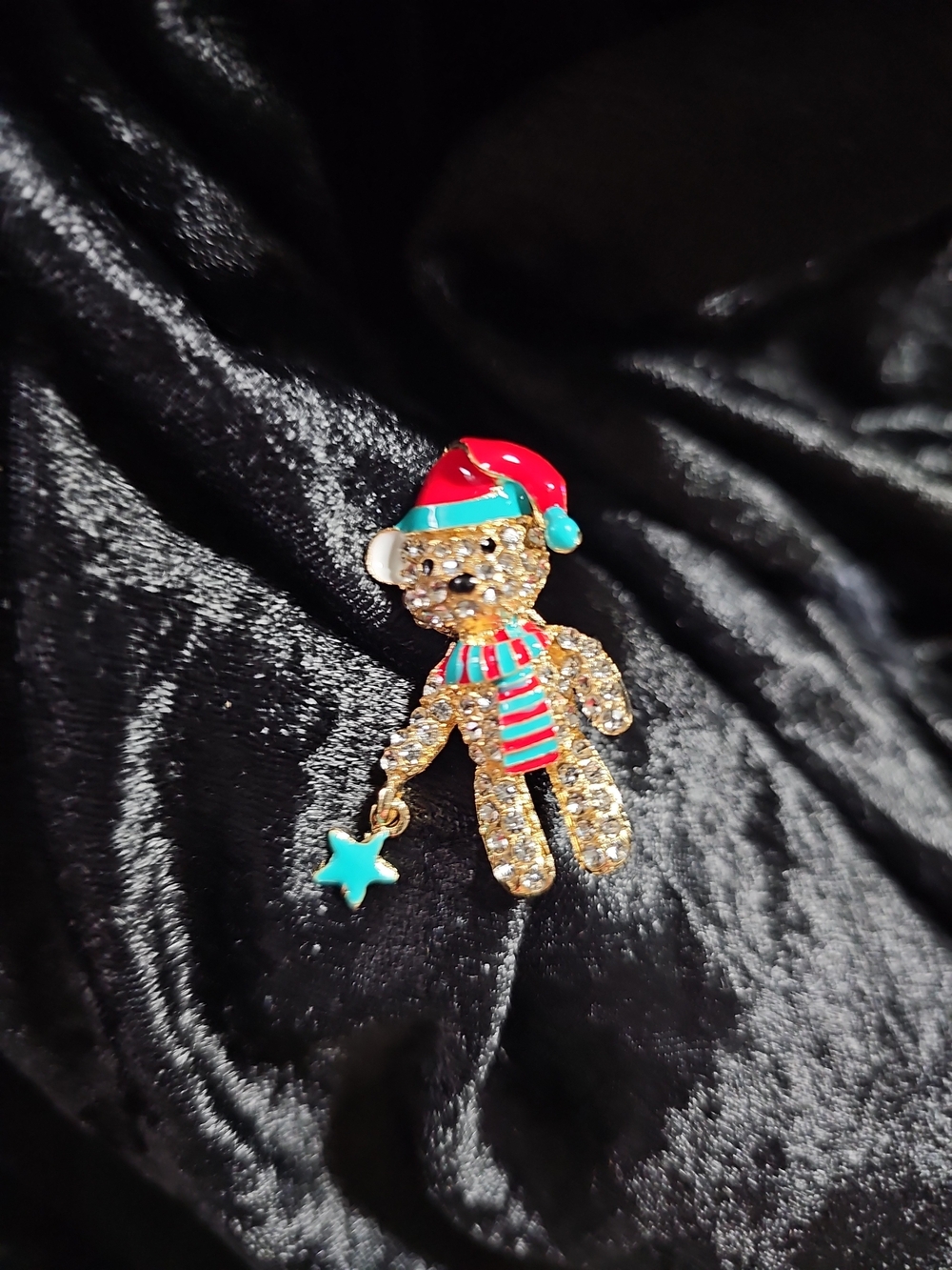 Crystal Teddy Holiday Pin - Red & Teal Accent Kids Toy Accessory
